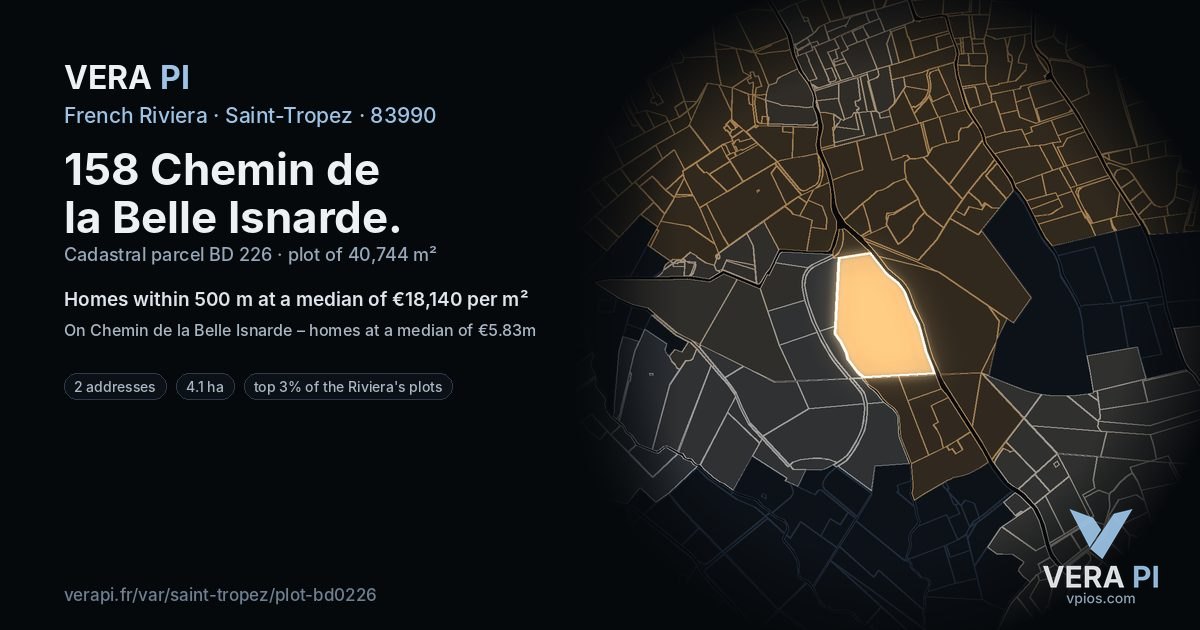 158 Chemin de la Belle Isnarde, Saint-Tropez at night – the plot lit, the parcels around coloured by the prices near them