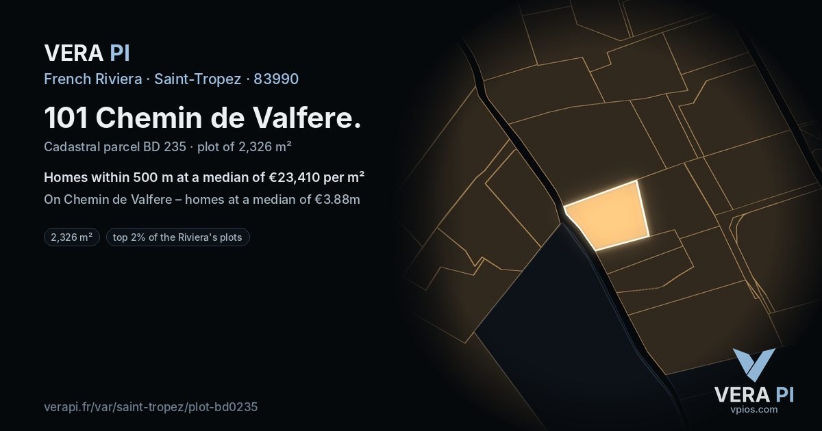 101 Chemin de Valfere, Saint-Tropez at night – the plot lit, the parcels around coloured by the prices near them