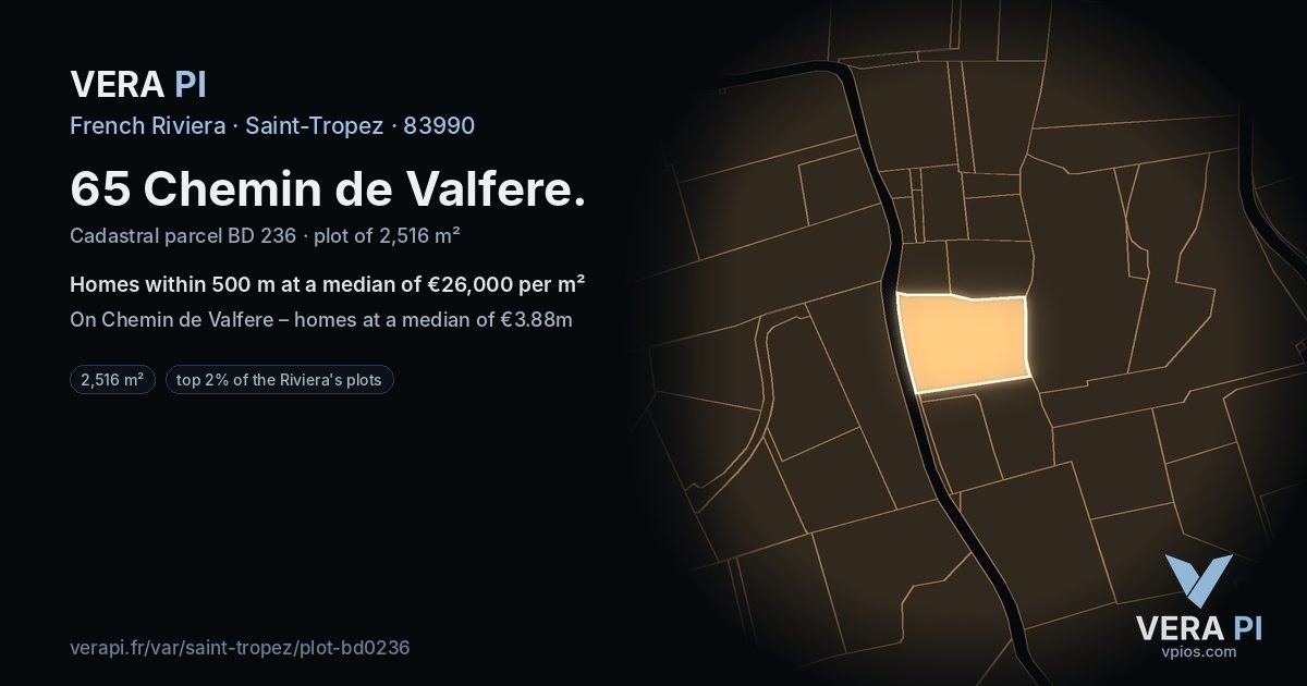 65 Chemin de Valfere, Saint-Tropez at night – the plot lit, the parcels around coloured by the prices near them