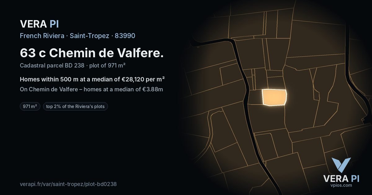 63 c Chemin de Valfere, Saint-Tropez at night – the plot lit, the parcels around coloured by the prices near them