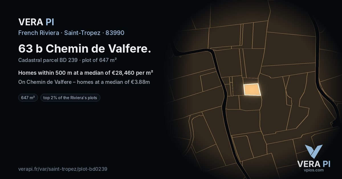 63 b Chemin de Valfere, Saint-Tropez at night – the plot lit, the parcels around coloured by the prices near them