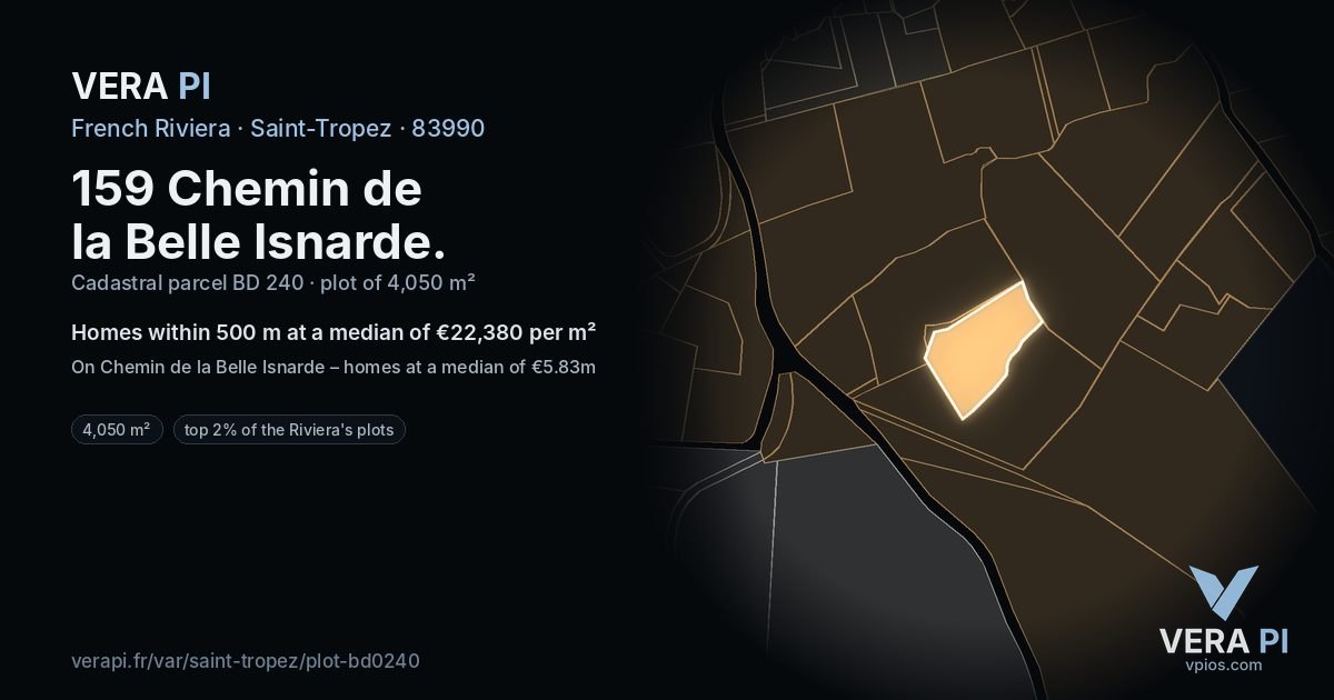 159 Chemin de la Belle Isnarde, Saint-Tropez at night – the plot lit, the parcels around coloured by the prices near them
