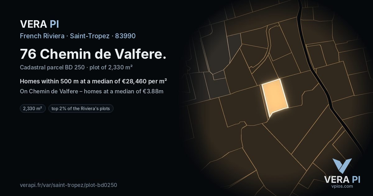 76 Chemin de Valfere, Saint-Tropez at night – the plot lit, the parcels around coloured by the prices near them
