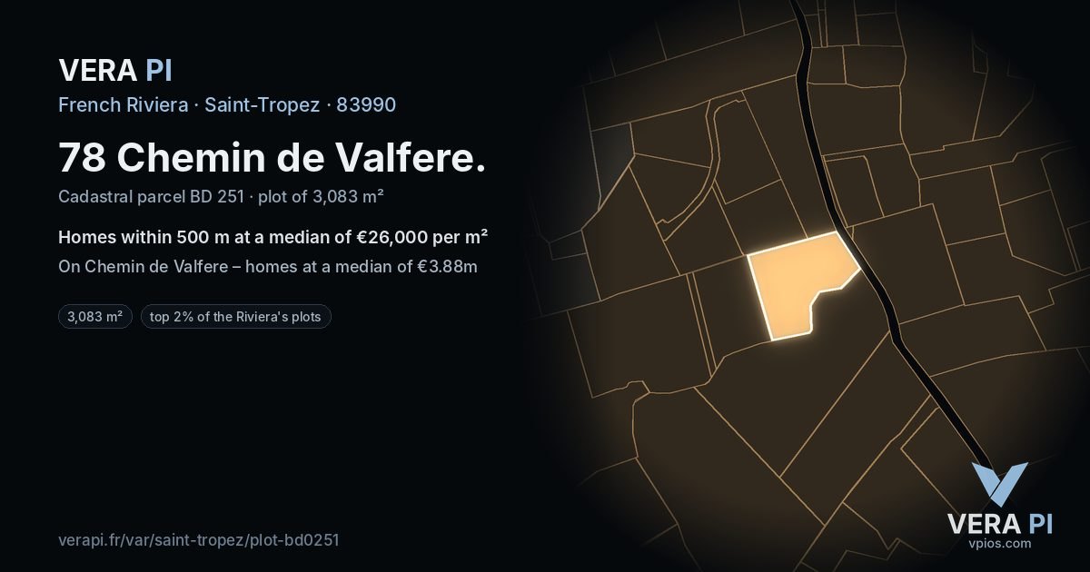 78 Chemin de Valfere, Saint-Tropez at night – the plot lit, the parcels around coloured by the prices near them