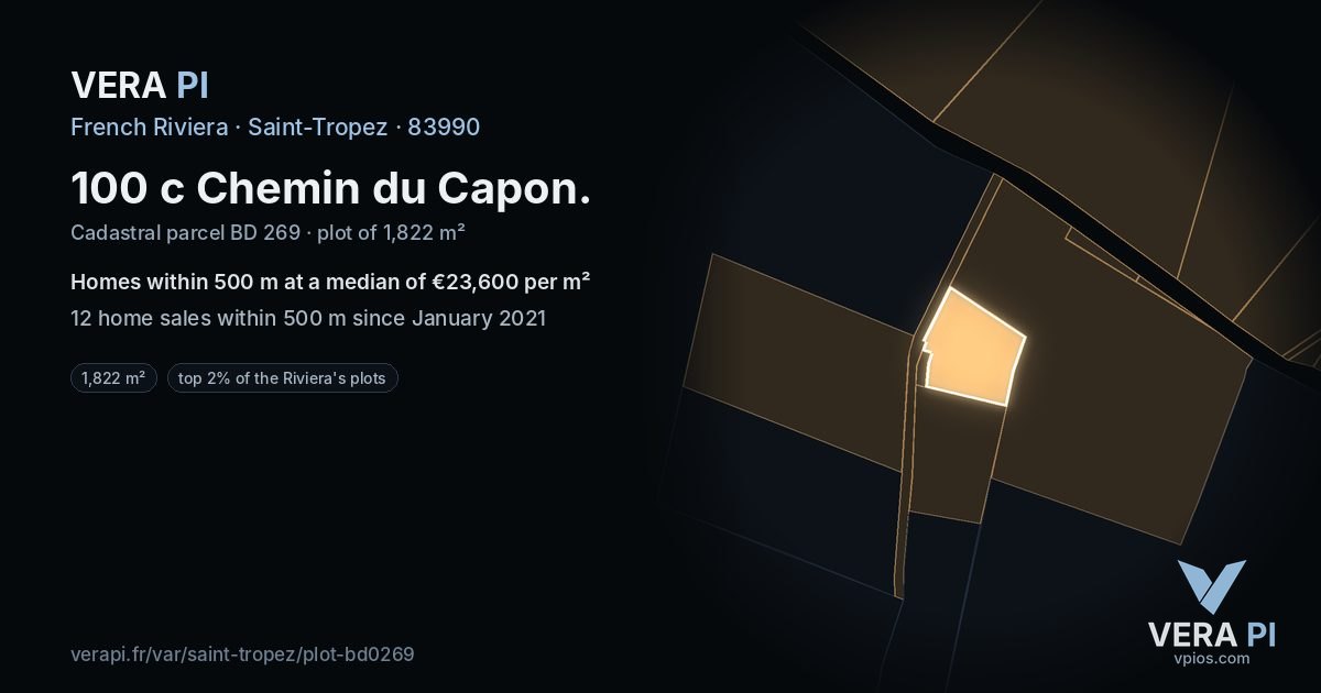 100 c Chemin du Capon, Saint-Tropez at night – the plot lit, the parcels around coloured by the prices near them