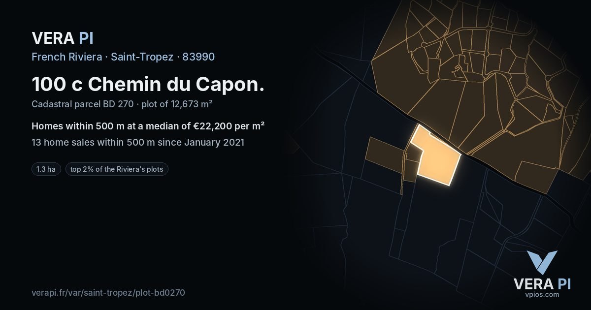 100 c Chemin du Capon, Saint-Tropez at night – the plot lit, the parcels around coloured by the prices near them