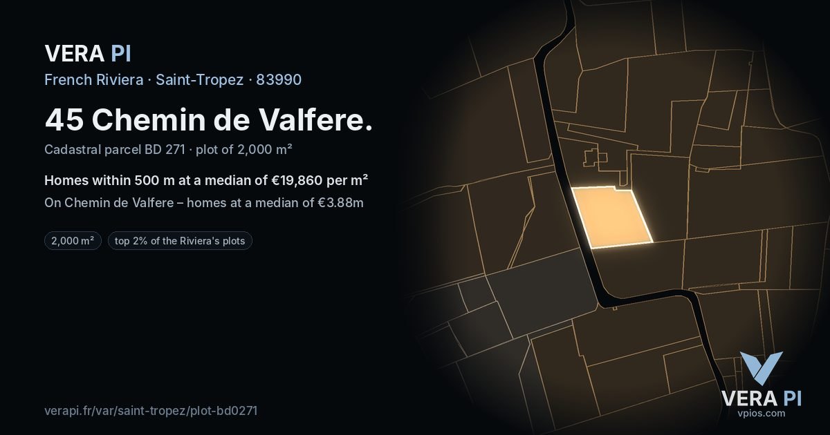 45 Chemin de Valfere, Saint-Tropez at night – the plot lit, the parcels around coloured by the prices near them