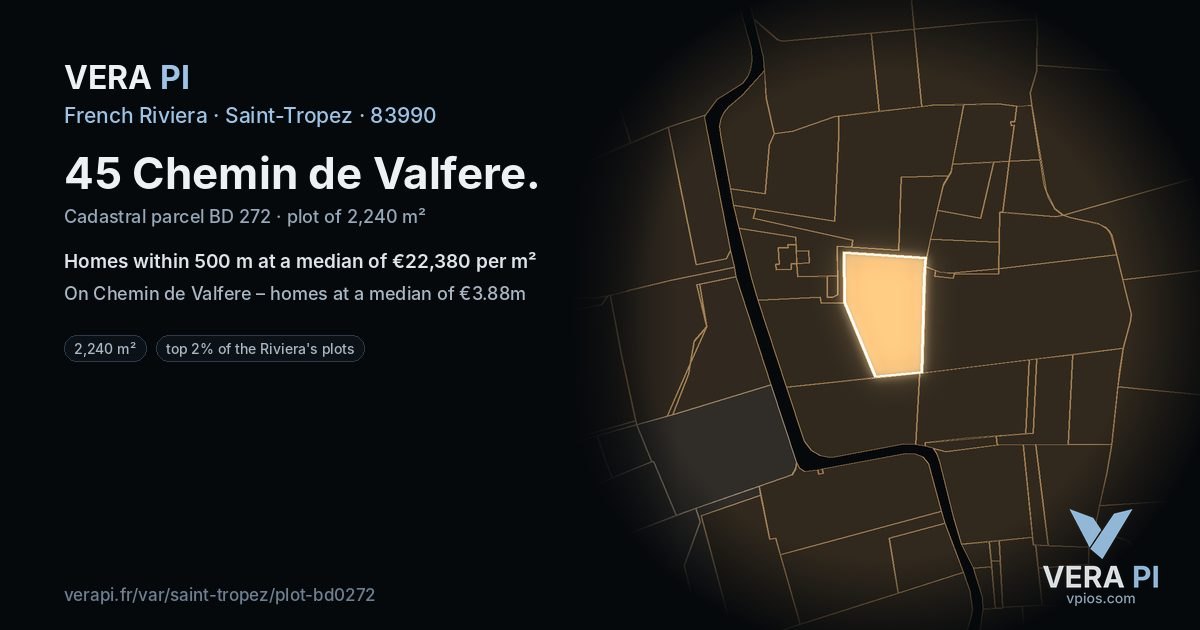 45 Chemin de Valfere, Saint-Tropez at night – the plot lit, the parcels around coloured by the prices near them
