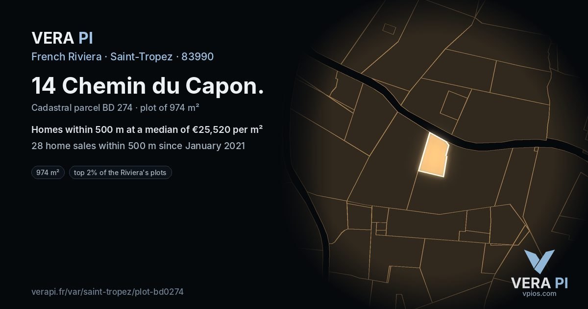 14 Chemin du Capon, Saint-Tropez at night – the plot lit, the parcels around coloured by the prices near them
