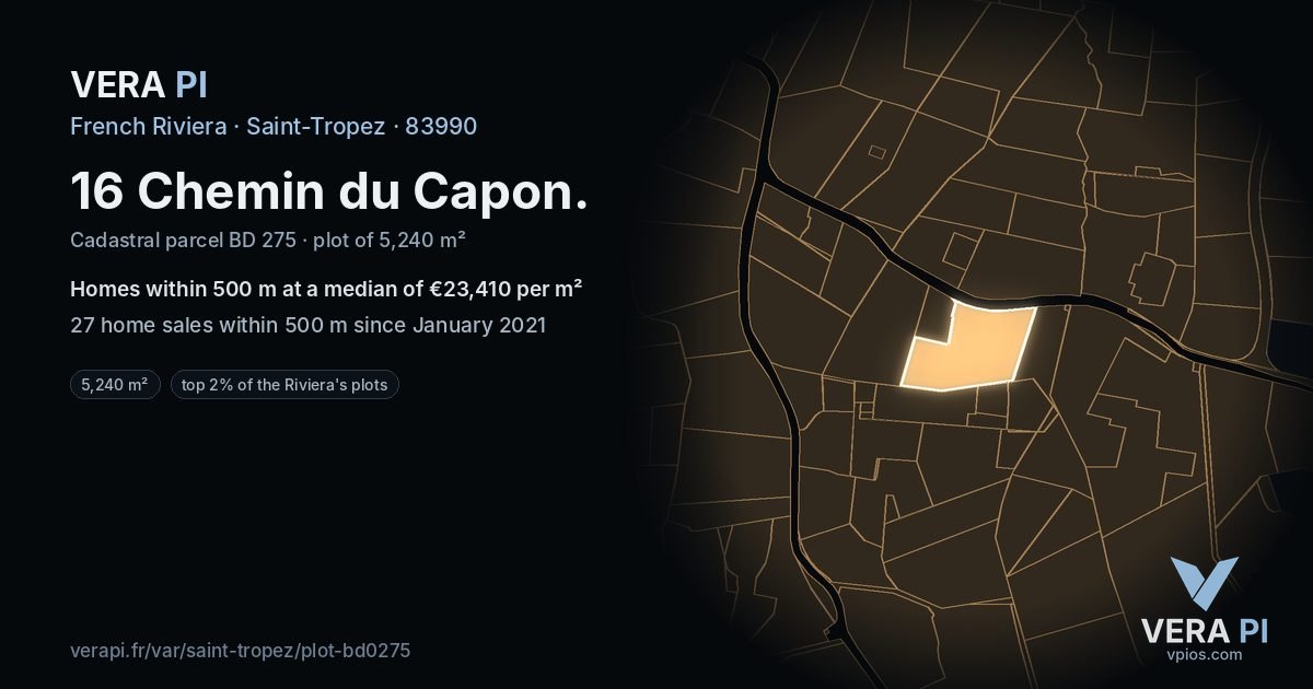 16 Chemin du Capon, Saint-Tropez at night – the plot lit, the parcels around coloured by the prices near them
