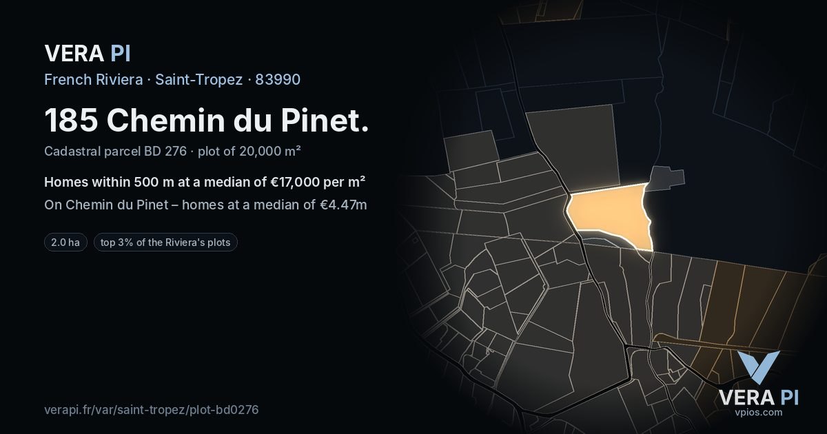 185 Chemin du Pinet, Saint-Tropez at night – the plot lit, the parcels around coloured by the prices near them
