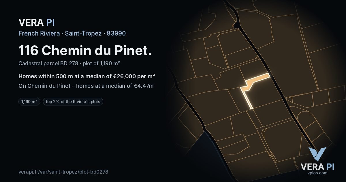 116 Chemin du Pinet, Saint-Tropez at night – the plot lit, the parcels around coloured by the prices near them