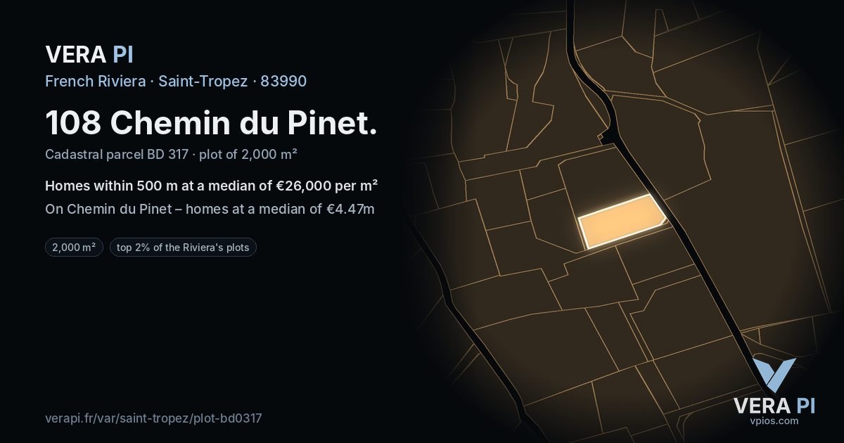 108 Chemin du Pinet, Saint-Tropez at night – the plot lit, the parcels around coloured by the prices near them