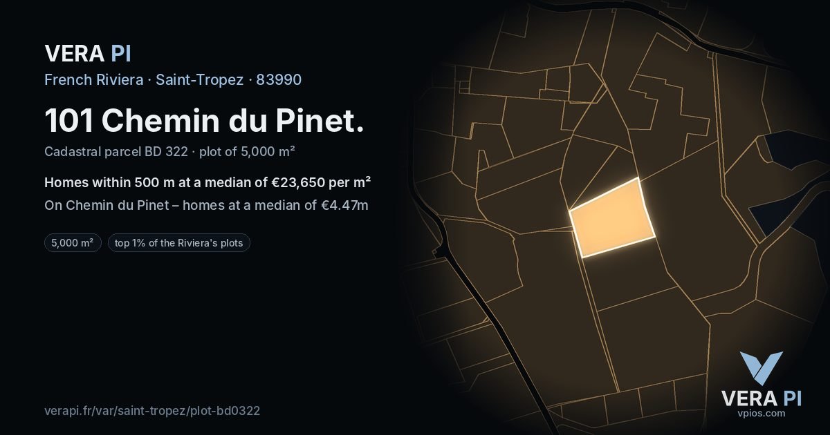 101 Chemin du Pinet, Saint-Tropez at night – the plot lit, the parcels around coloured by the prices near them