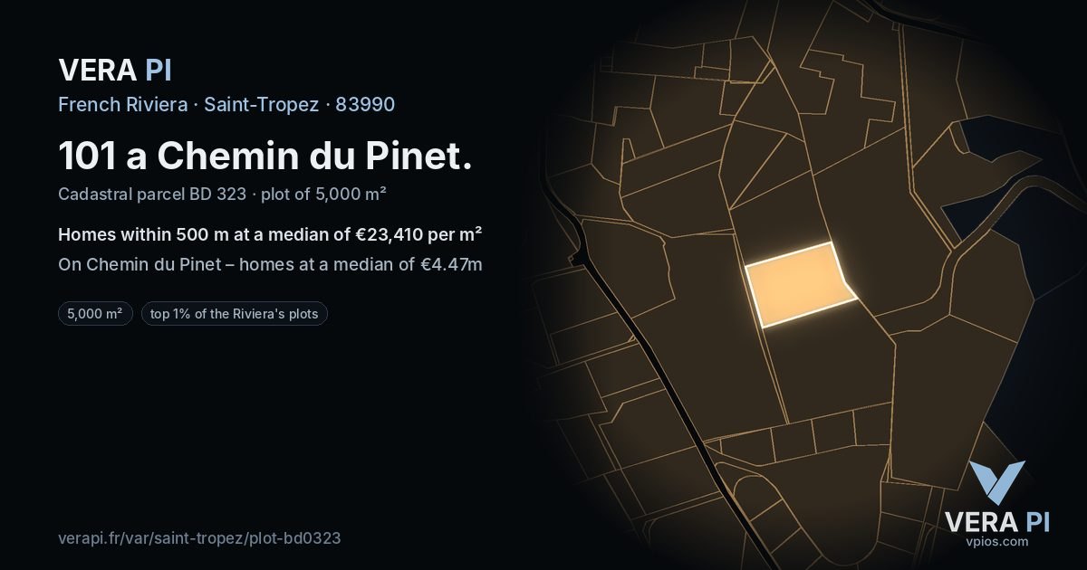 101 a Chemin du Pinet, Saint-Tropez at night – the plot lit, the parcels around coloured by the prices near them