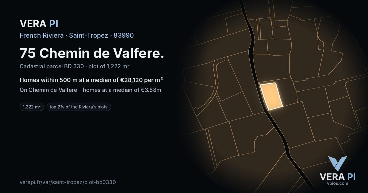 75 Chemin de Valfere, Saint-Tropez at night – the plot lit, the parcels around coloured by the prices near them