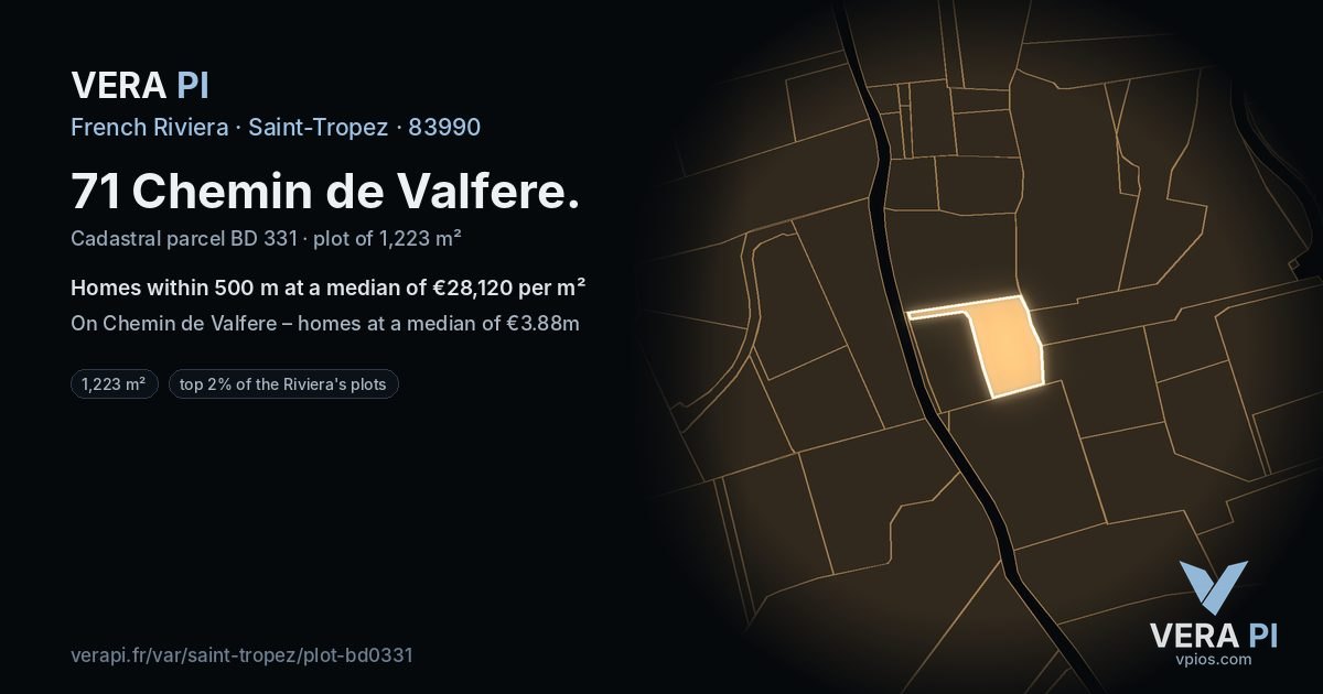 71 Chemin de Valfere, Saint-Tropez at night – the plot lit, the parcels around coloured by the prices near them