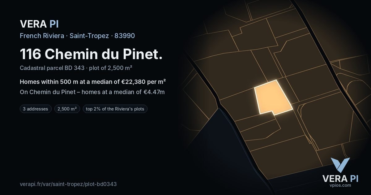 116 Chemin du Pinet, Saint-Tropez at night – the plot lit, the parcels around coloured by the prices near them