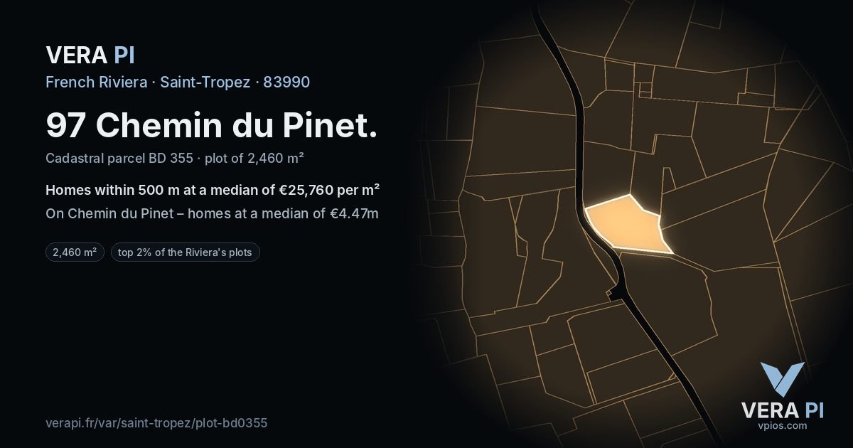 97 Chemin du Pinet, Saint-Tropez at night – the plot lit, the parcels around coloured by the prices near them