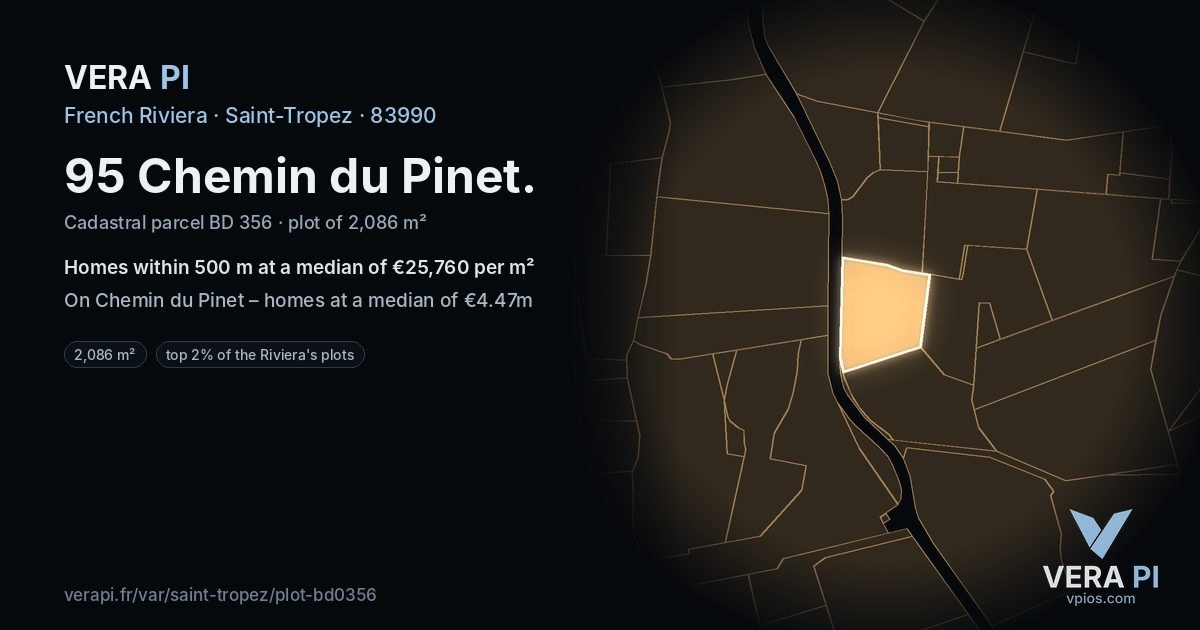 95 Chemin du Pinet, Saint-Tropez at night – the plot lit, the parcels around coloured by the prices near them