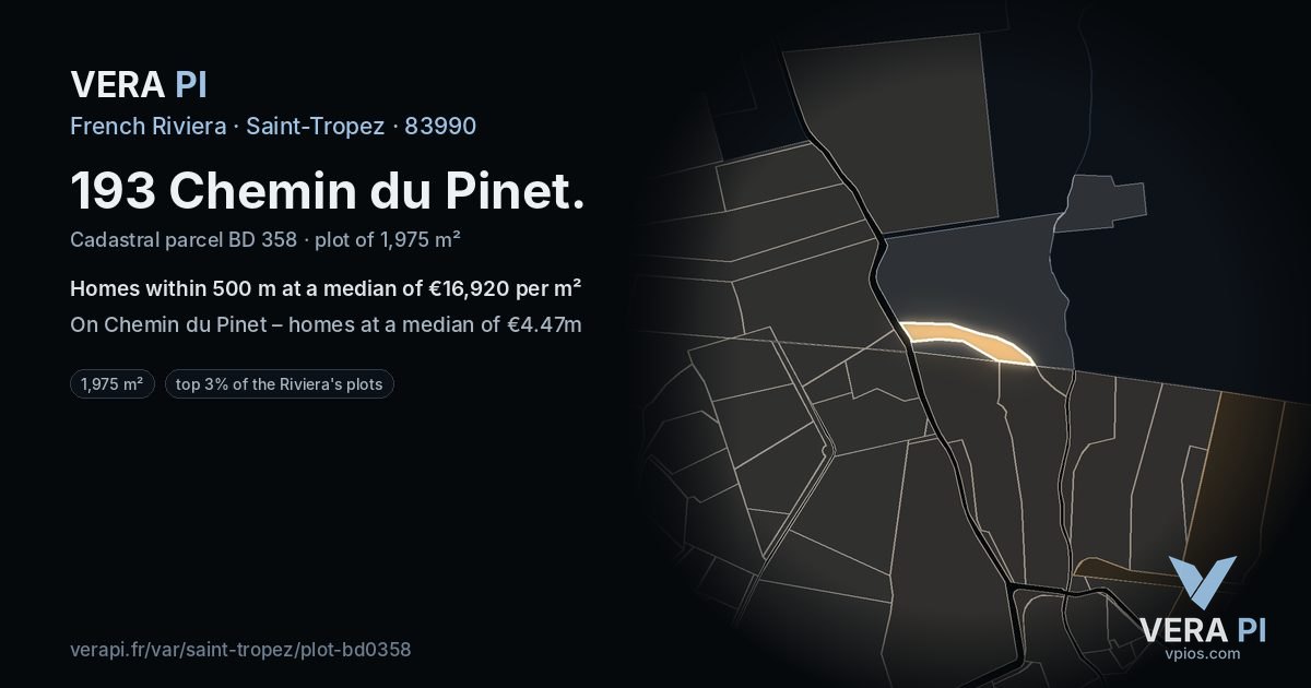 193 Chemin du Pinet, Saint-Tropez at night – the plot lit, the parcels around coloured by the prices near them