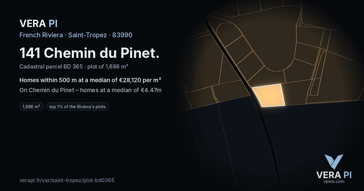 141 Chemin du Pinet, Saint-Tropez at night – the plot lit, the parcels around coloured by the prices near them