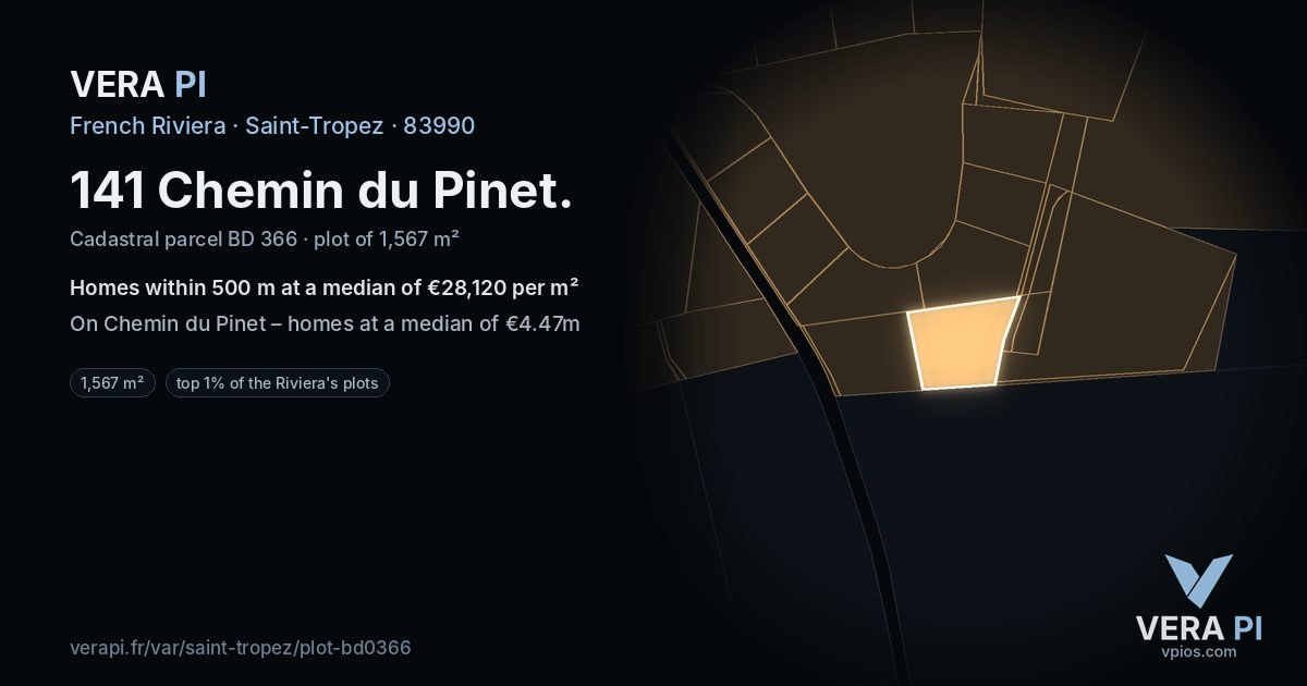 141 Chemin du Pinet, Saint-Tropez at night – the plot lit, the parcels around coloured by the prices near them