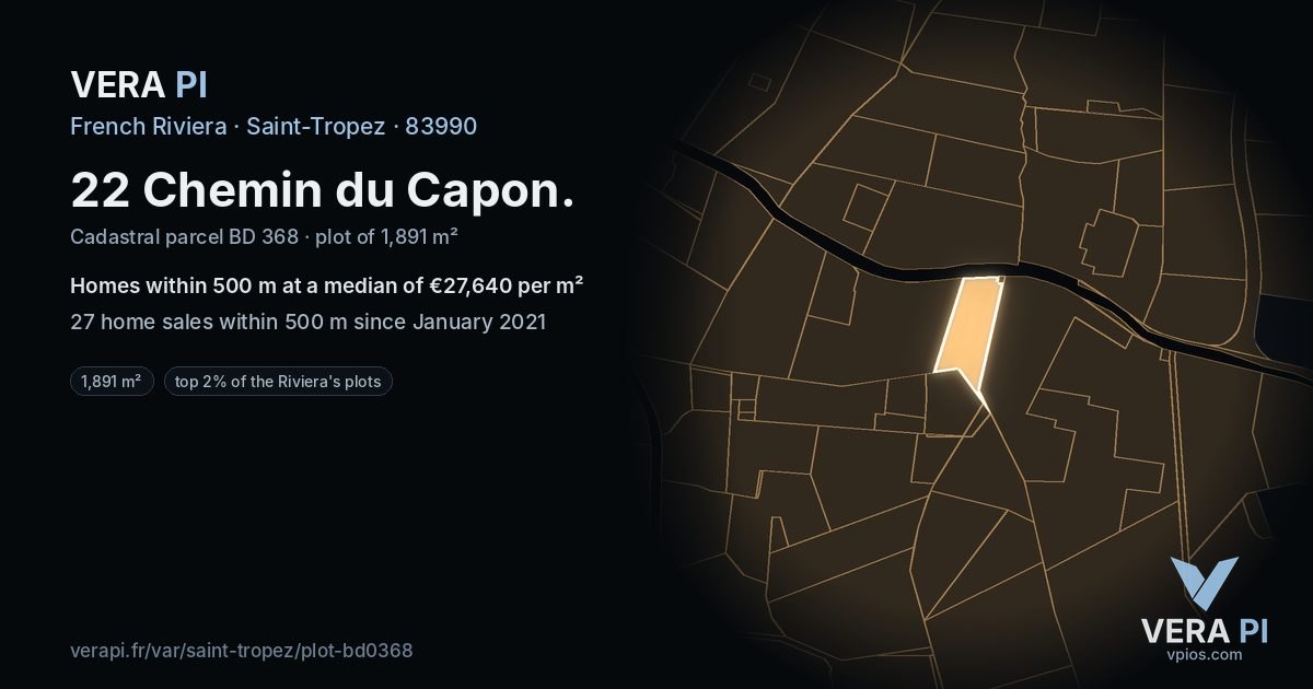 22 Chemin du Capon, Saint-Tropez at night – the plot lit, the parcels around coloured by the prices near them