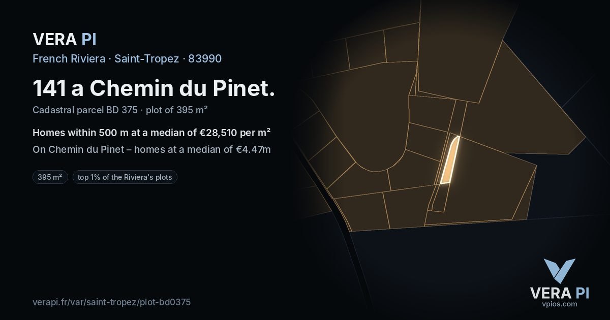 141 a Chemin du Pinet, Saint-Tropez at night – the plot lit, the parcels around coloured by the prices near them