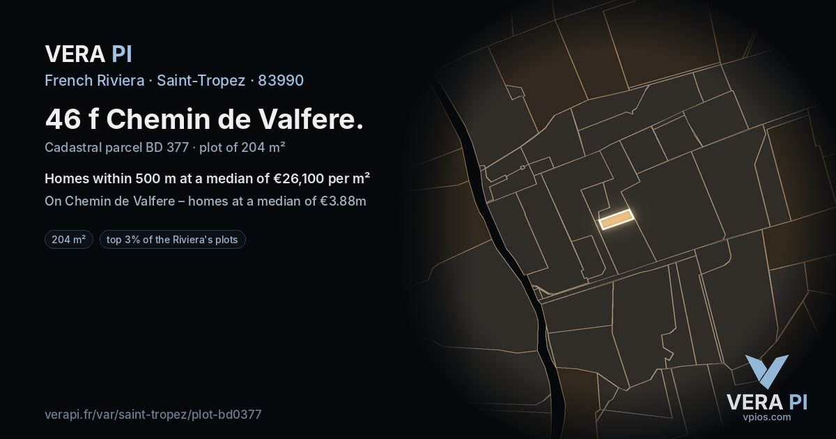 46 f Chemin de Valfere, Saint-Tropez at night – the plot lit, the parcels around coloured by the prices near them