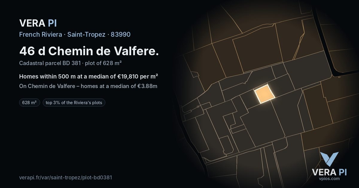 46 d Chemin de Valfere, Saint-Tropez at night – the plot lit, the parcels around coloured by the prices near them