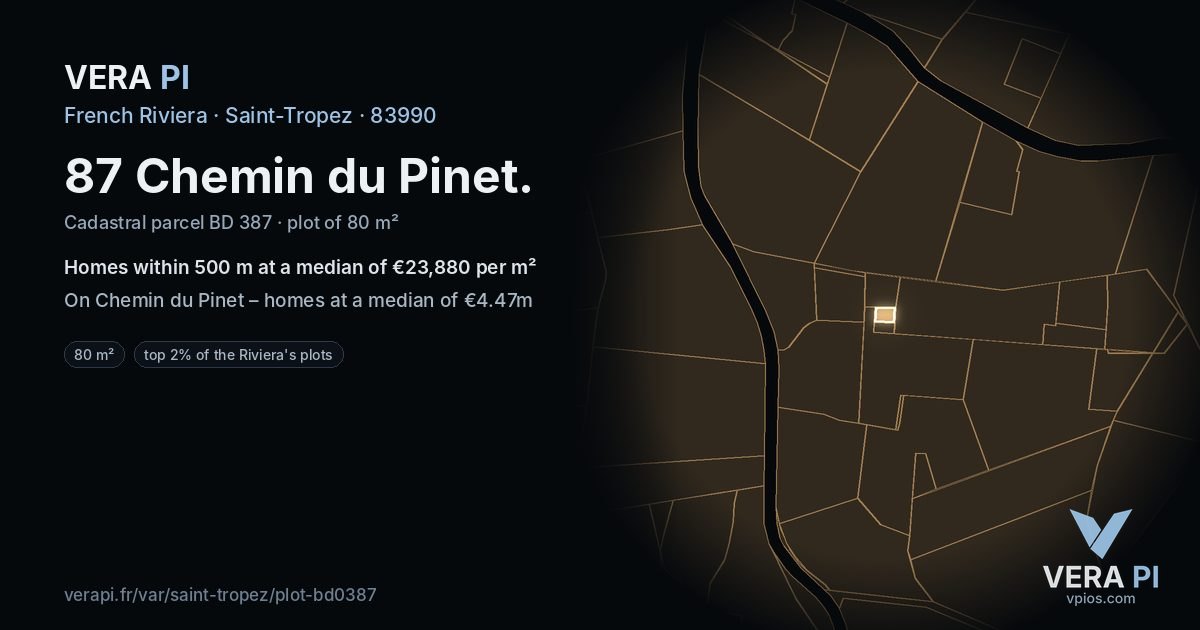 87 Chemin du Pinet, Saint-Tropez at night – the plot lit, the parcels around coloured by the prices near them
