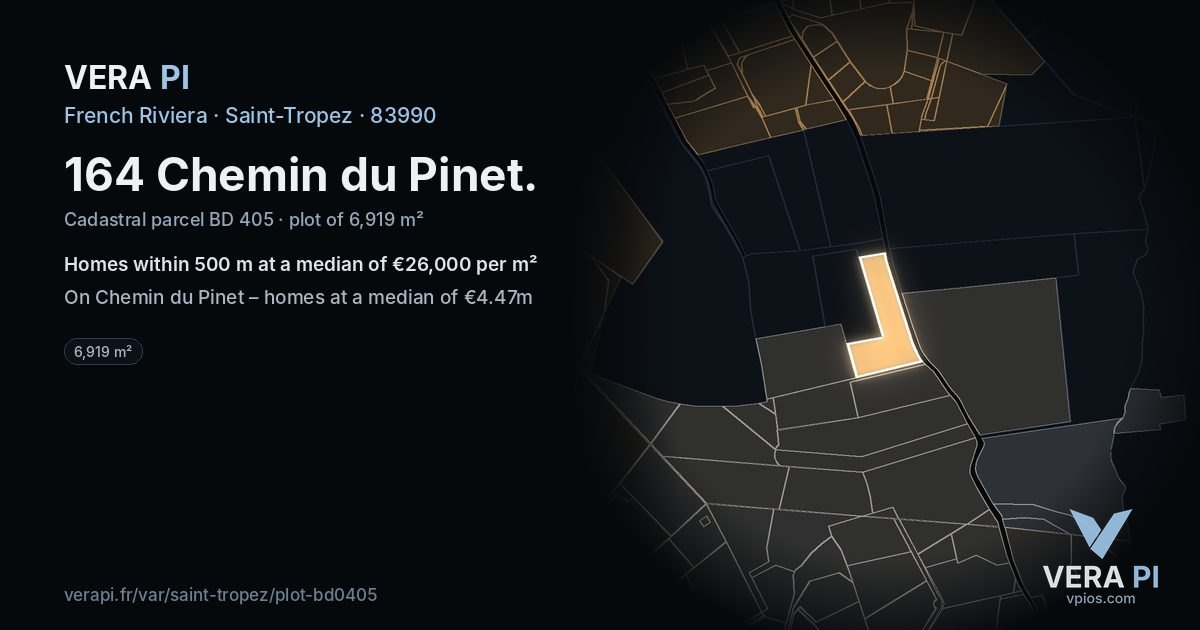 164 Chemin du Pinet, Saint-Tropez at night – the plot lit, the parcels around coloured by the prices near them