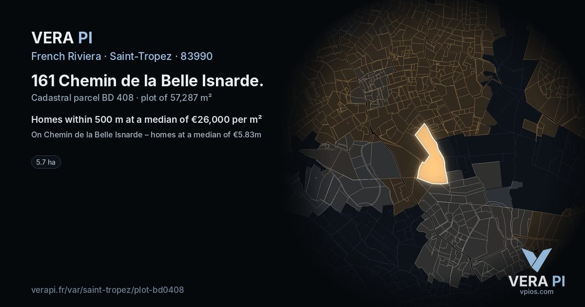 161 Chemin de la Belle Isnarde, Saint-Tropez at night – the plot lit, the parcels around coloured by the prices near them