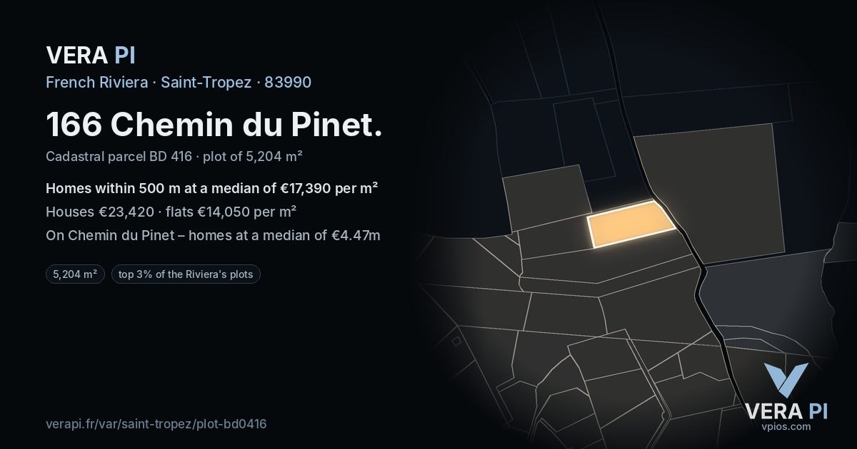 166 Chemin du Pinet, Saint-Tropez at night – the plot lit, the parcels around coloured by the prices near them