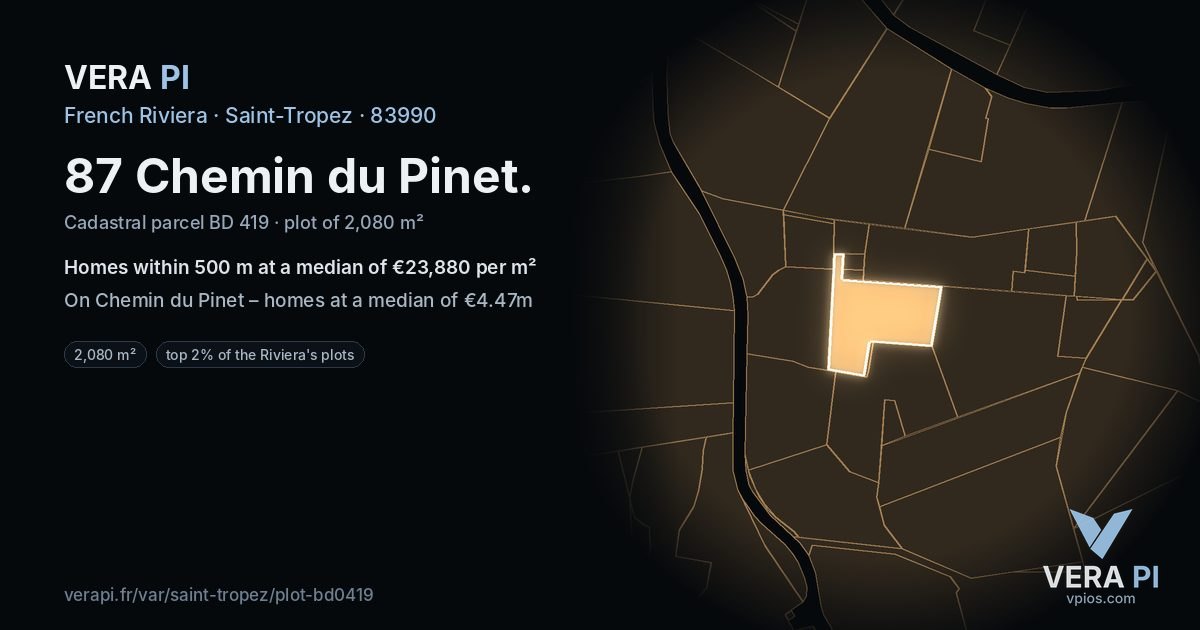87 Chemin du Pinet, Saint-Tropez at night – the plot lit, the parcels around coloured by the prices near them