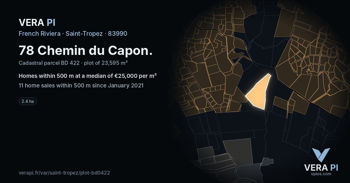 78 Chemin du Capon, Saint-Tropez at night – the plot lit, the parcels around coloured by the prices near them