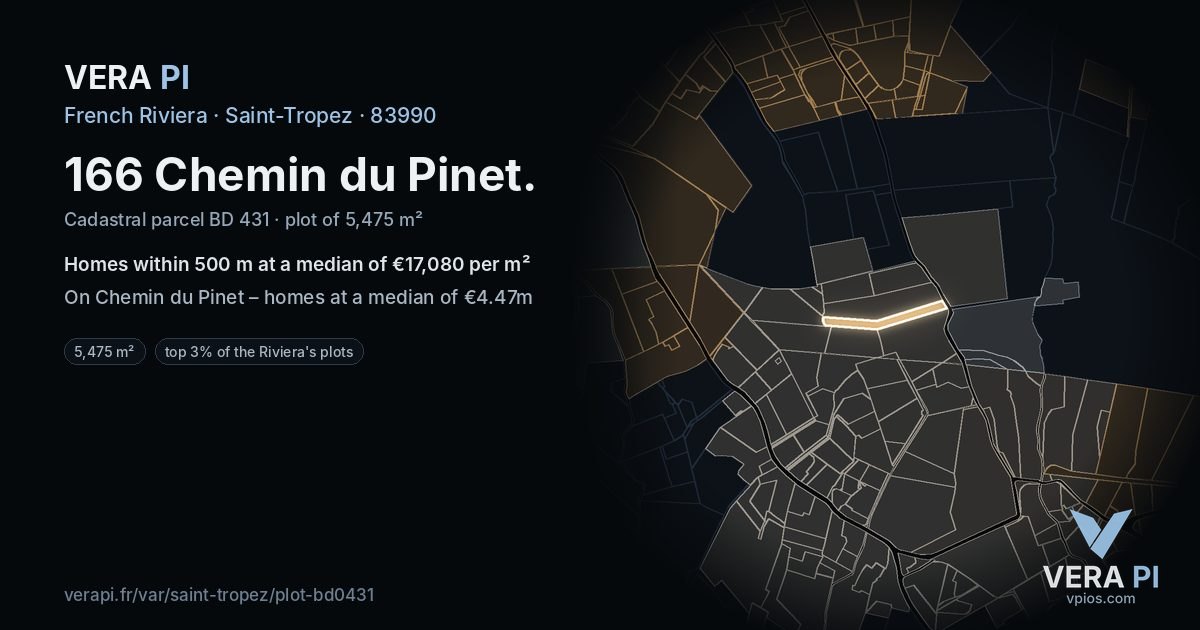 166 Chemin du Pinet, Saint-Tropez at night – the plot lit, the parcels around coloured by the prices near them