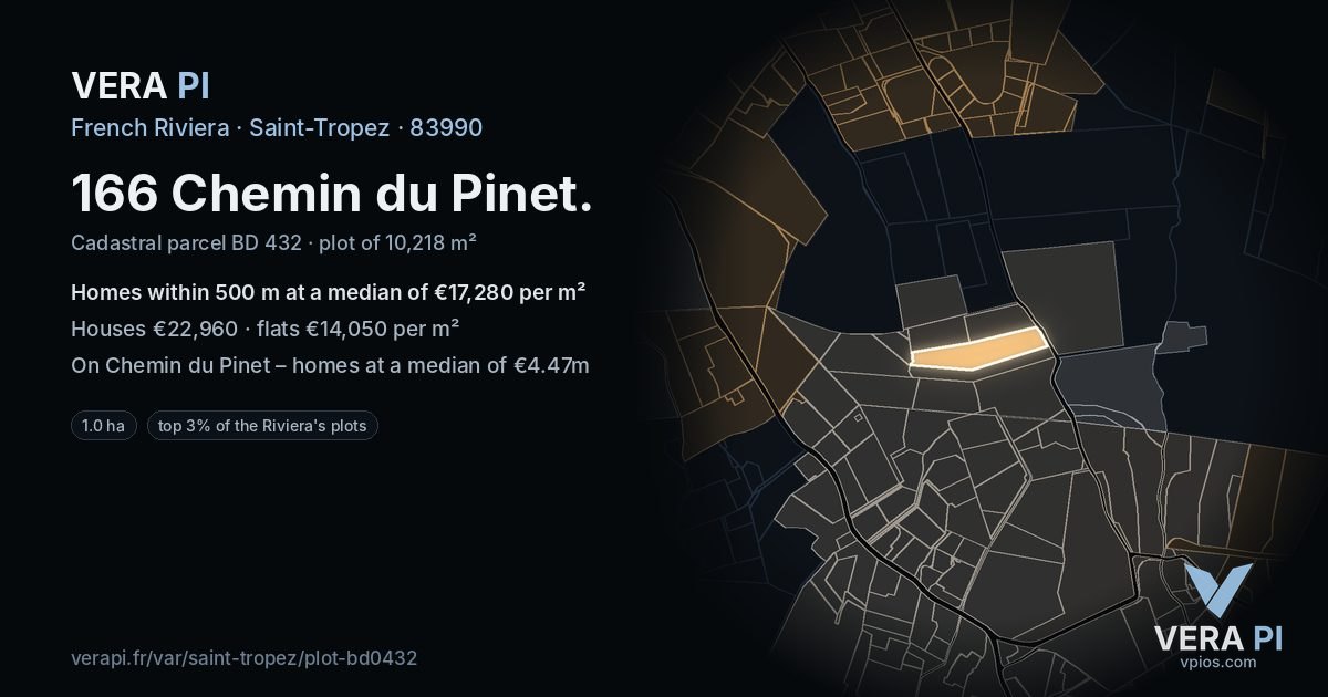 166 Chemin du Pinet, Saint-Tropez at night – the plot lit, the parcels around coloured by the prices near them