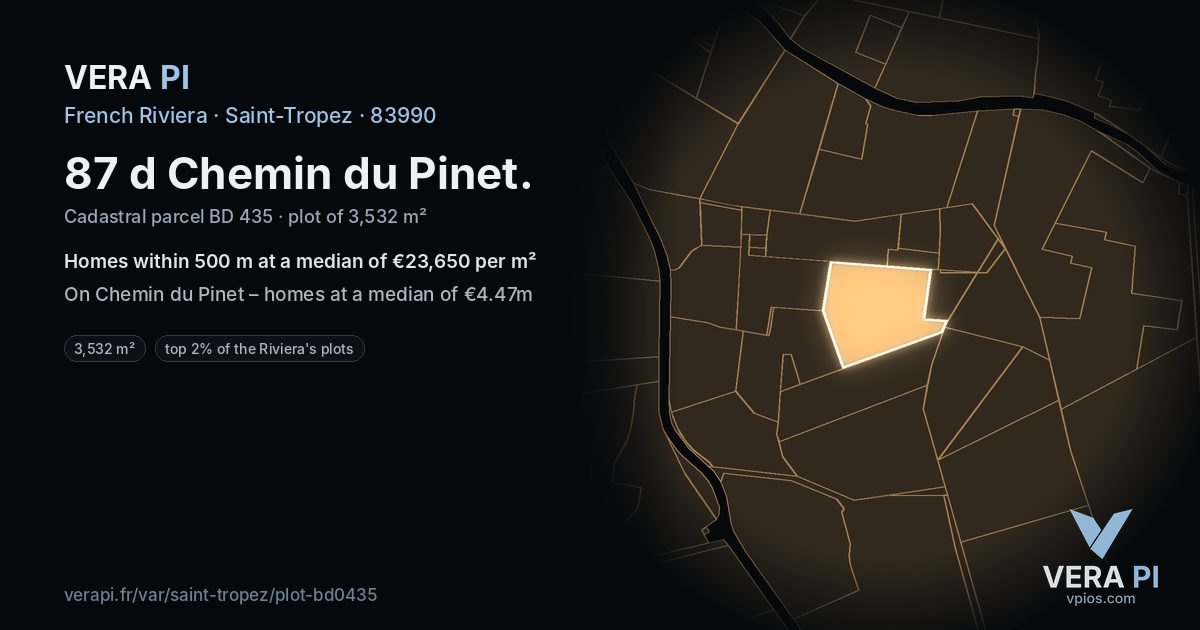 87 d Chemin du Pinet, Saint-Tropez at night – the plot lit, the parcels around coloured by the prices near them