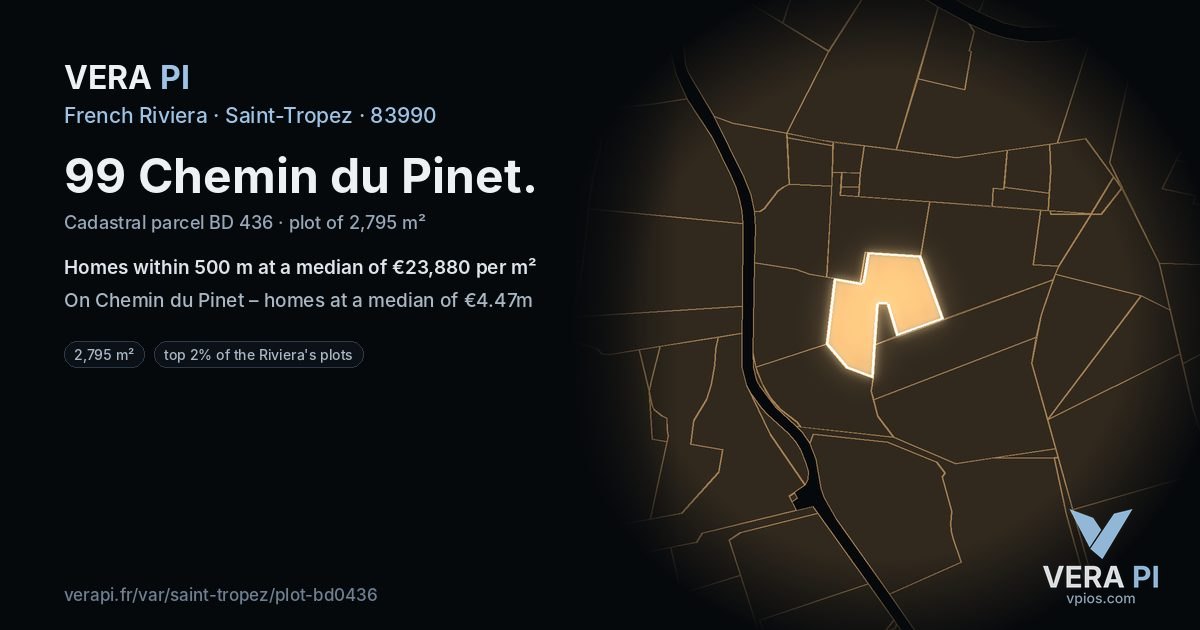 99 Chemin du Pinet, Saint-Tropez at night – the plot lit, the parcels around coloured by the prices near them