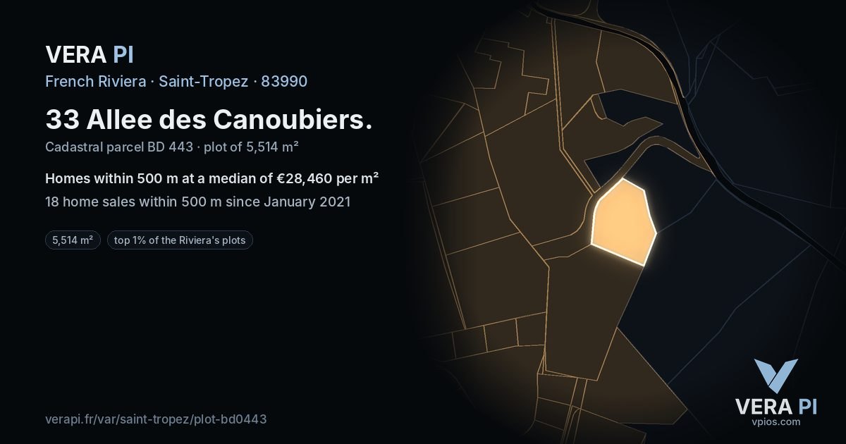 33 Allee des Canoubiers, Saint-Tropez at night – the plot lit, the parcels around coloured by the prices near them