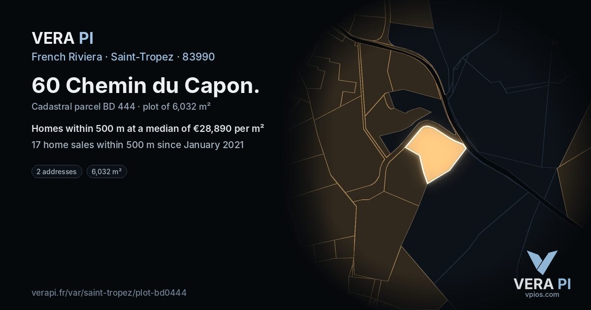 60 Chemin du Capon, Saint-Tropez at night – the plot lit, the parcels around coloured by the prices near them