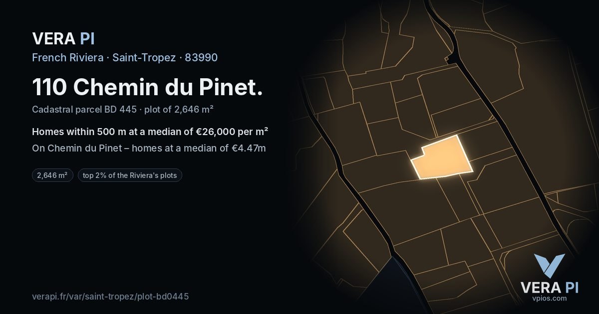 110 Chemin du Pinet, Saint-Tropez at night – the plot lit, the parcels around coloured by the prices near them