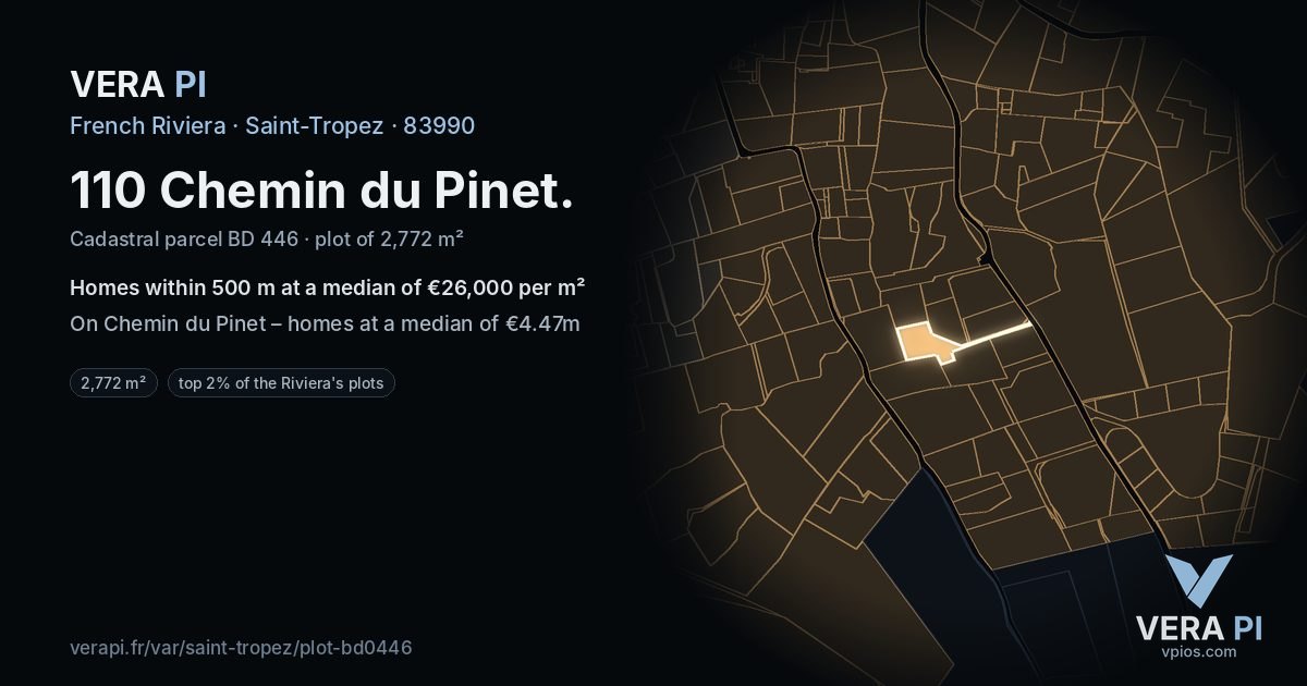 110 Chemin du Pinet, Saint-Tropez at night – the plot lit, the parcels around coloured by the prices near them