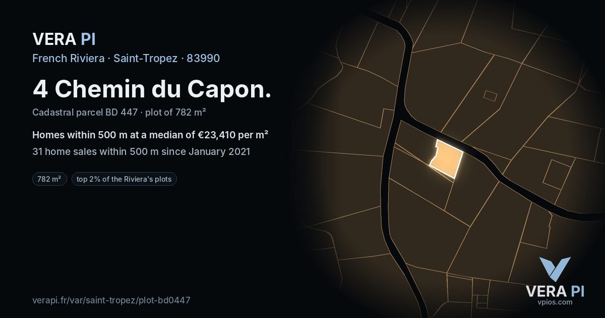 4 Chemin du Capon, Saint-Tropez at night – the plot lit, the parcels around coloured by the prices near them