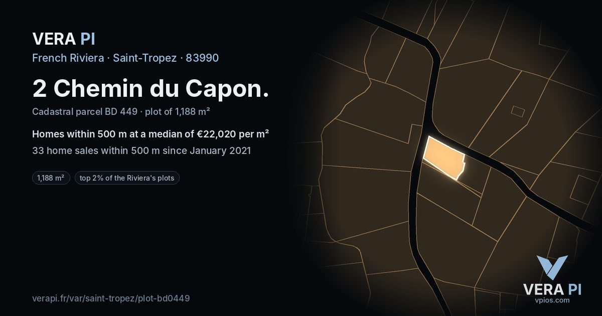 2 Chemin du Capon, Saint-Tropez at night – the plot lit, the parcels around coloured by the prices near them