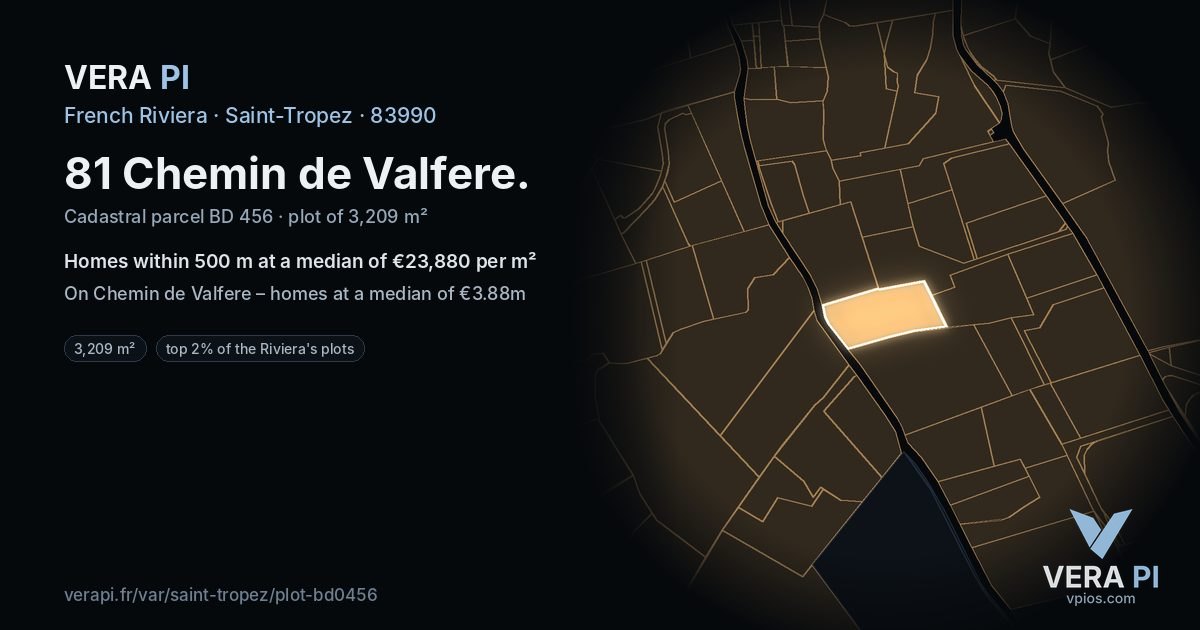 81 Chemin de Valfere, Saint-Tropez at night – the plot lit, the parcels around coloured by the prices near them