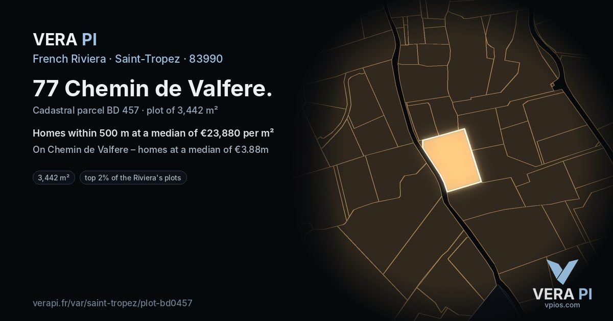 77 Chemin de Valfere, Saint-Tropez at night – the plot lit, the parcels around coloured by the prices near them