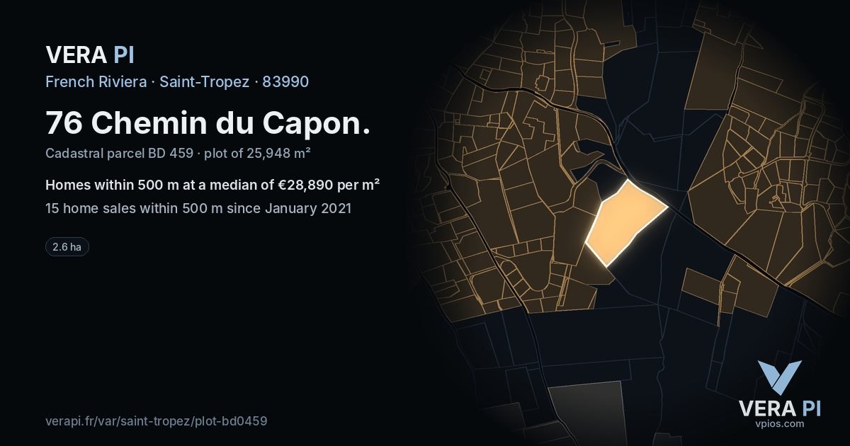 76 Chemin du Capon, Saint-Tropez at night – the plot lit, the parcels around coloured by the prices near them